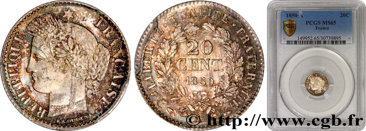 20 centimes Cérès, IIe République 1850 Paris F.146/3 ST65 PCGS