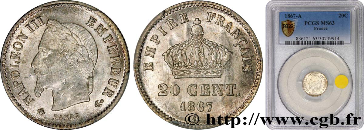 20 centimes Napoléon III, tête laurée, grand module 1867 Paris F.150/1 MS63 PCGS