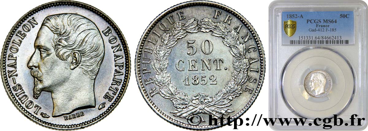 50 centimes Louis-Napoléon 1852 Paris F.185/1 SC64 PCGS