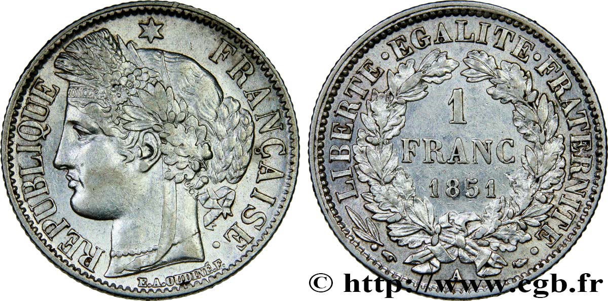 1 franc Cérès, IIe République 1851 Paris F.211/9 TTB50 