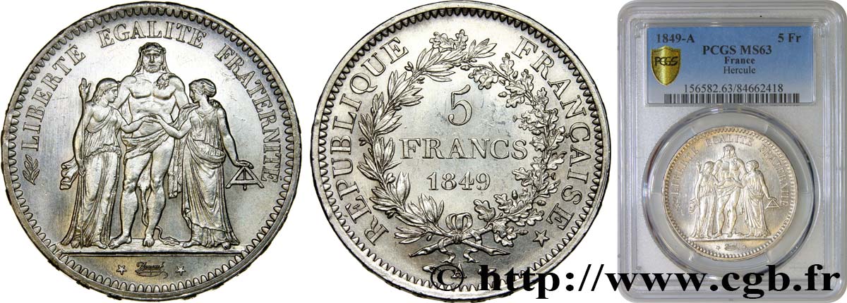 5 francs Hercule, IIe République 1849 Paris F.326/5 MS63 PCGS