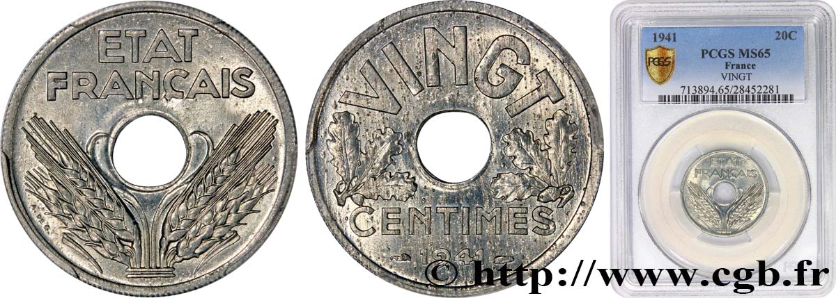 VINGT centimes État français 1941  F.152/2 MS65 PCGS