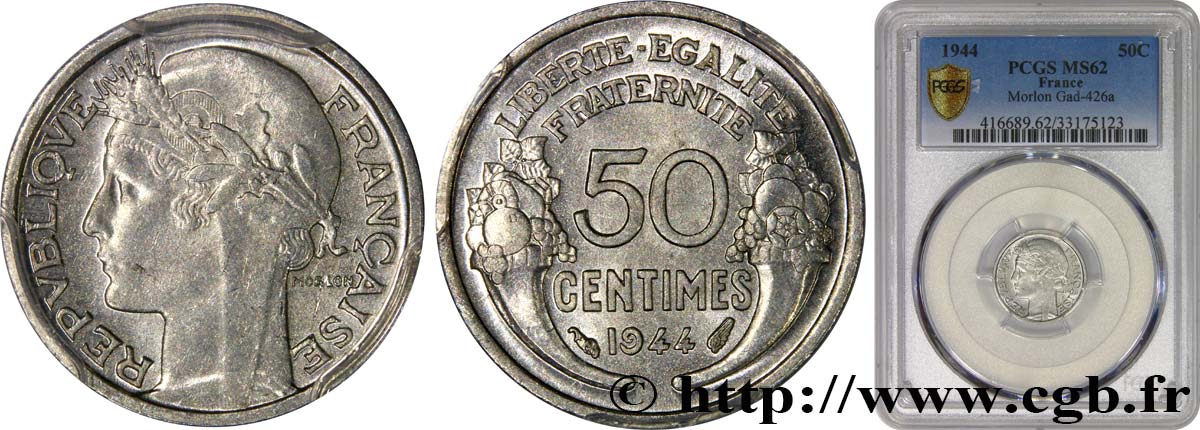 50 centimes Morlon, légère 1944  F.194/3 SPL62 PCGS