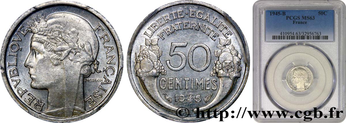 50 centimes Morlon, légère 1945 Beaumont-le-Roger F.194/6 SC63 PCGS