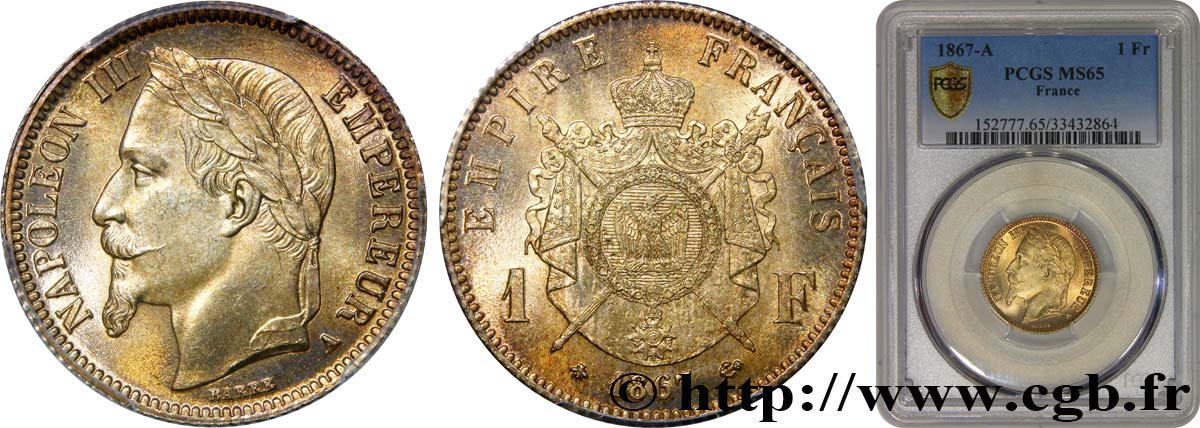1 franc Napoléon III, tête laurée 1867 Paris F.215/6 ST65 PCGS