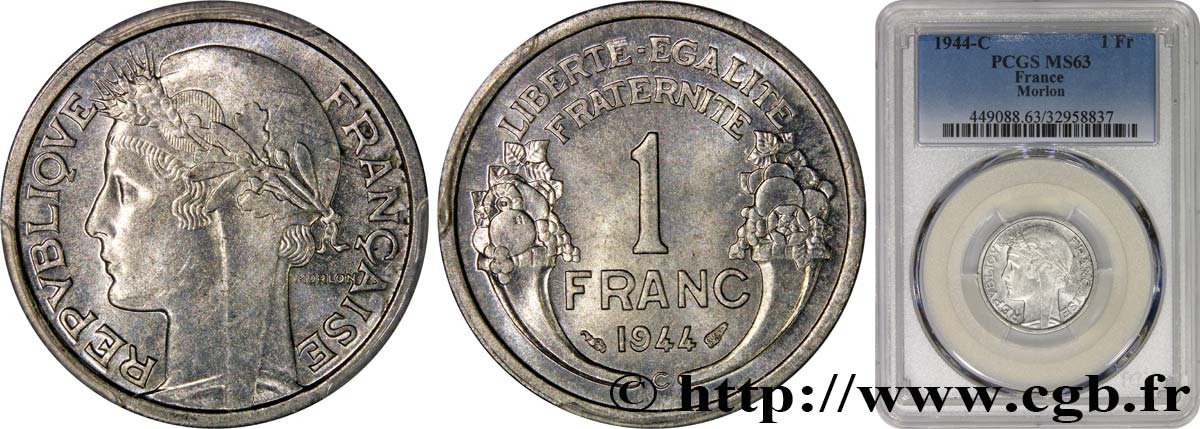 1 franc Morlon, légère 1944 Castelsarrasin F.221/4 SPL63 PCGS