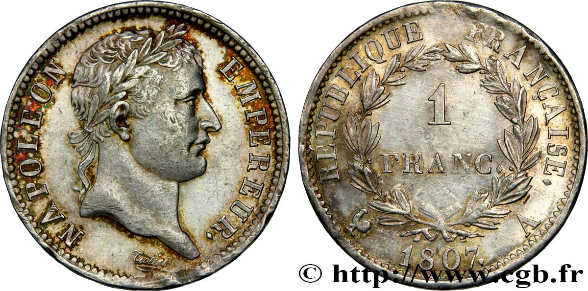 1 franc Napoléon Ier tête laurée, République française 1807 Paris F.204/1 VZ60 