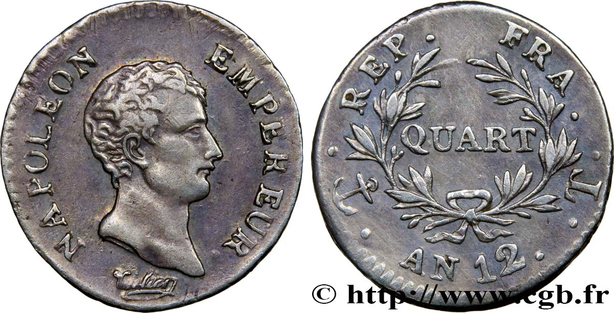 Quart (de franc) Napoléon Empereur, Calendrier révolutionnaire 1804 Nantes F.158/7 BB48 