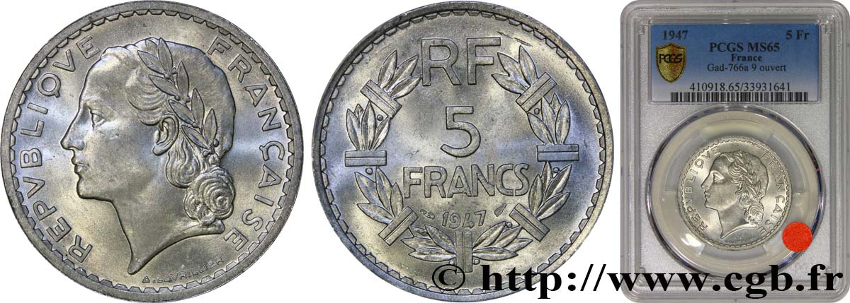5 francs Lavrillier, aluminium 1947  F.339/9 MS65 PCGS