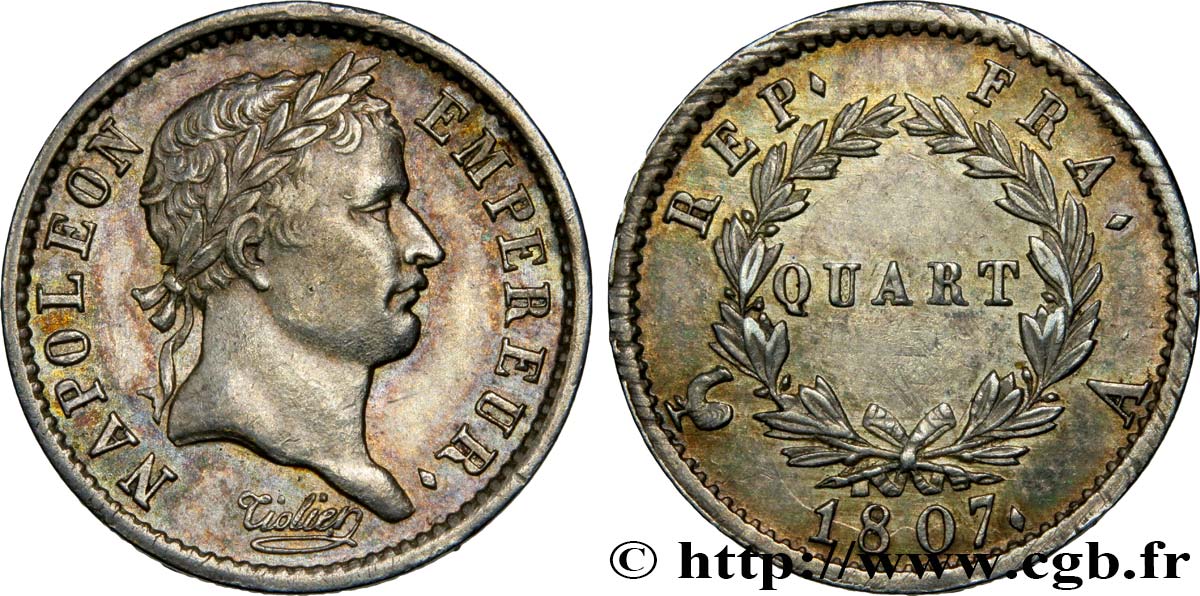 Quart (de franc) Napoléon Ier tête laurée, république française 1807 Paris F.161/1 VZ58 