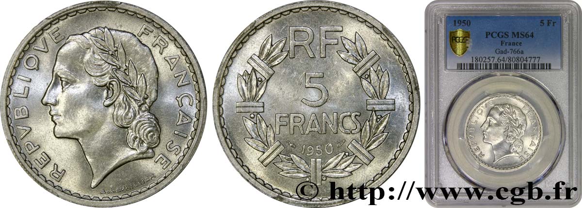 5 francs Lavrillier, aluminium 1950  F.339/20 SPL64 PCGS