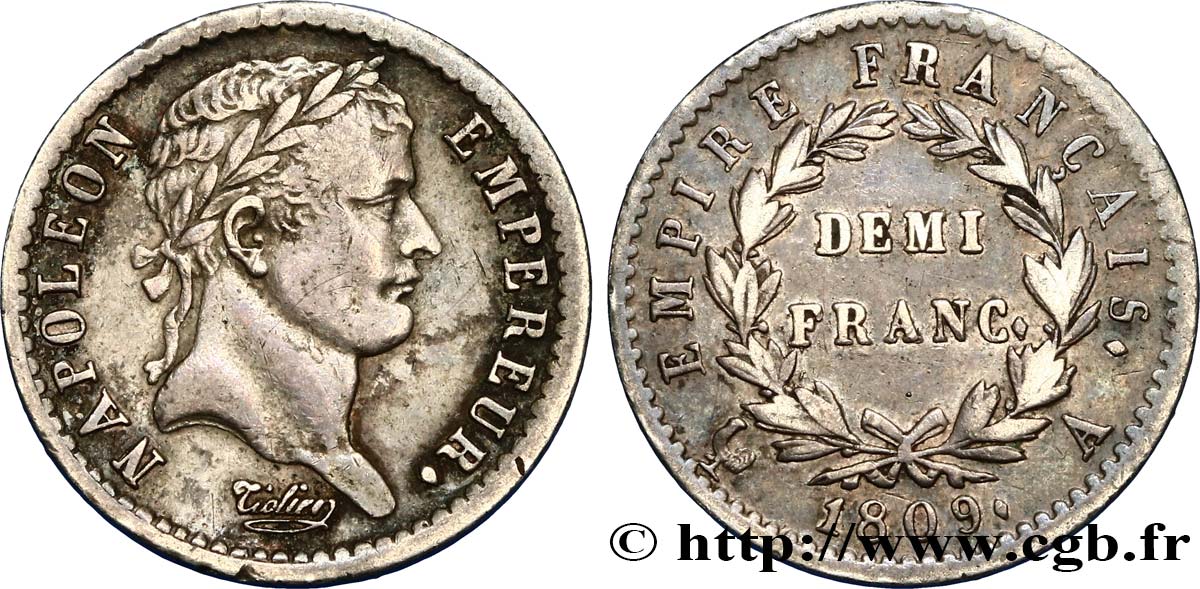 Demi-franc Napoléon Ier tête laurée, Empire français 1809 Paris F.178/1 TTB45 