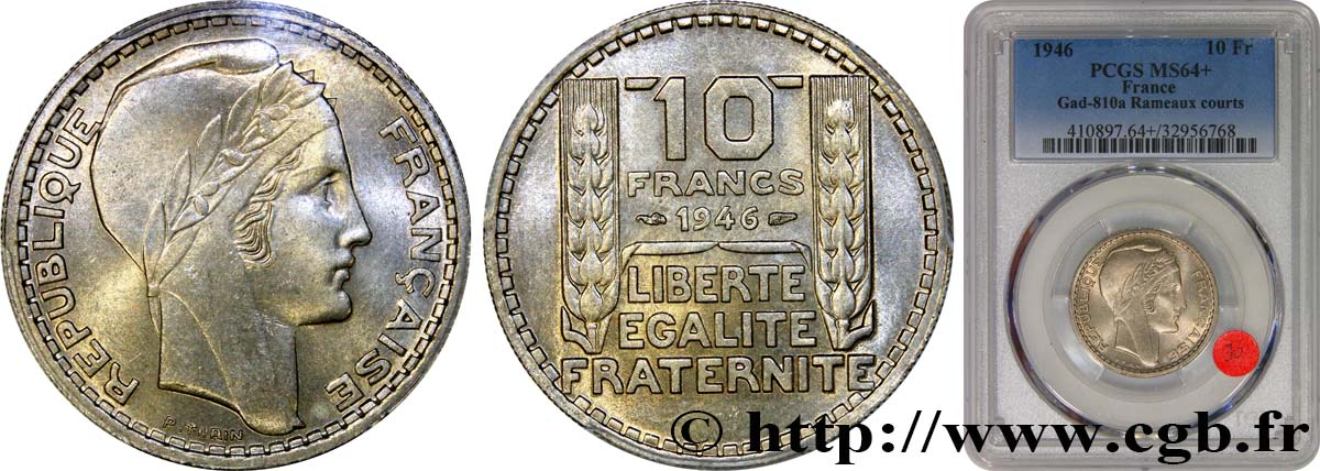 10 francs Turin, grosse tête, rameaux courts 1946  F.361A/2 MS64 PCGS