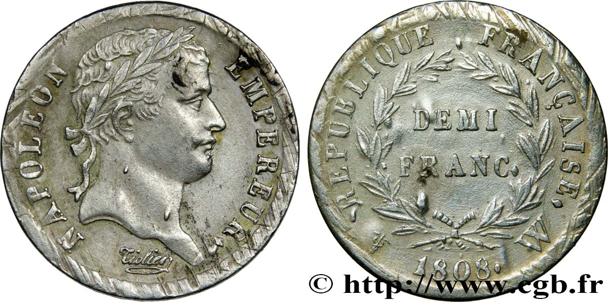 Demi-franc Napoléon Ier tête laurée, République française, buste fin 1808 Lille F.177/16 XF 