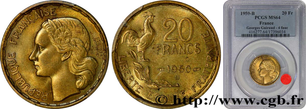 20 francs Georges Guiraud, 4 faucilles 1950 Beaumont-Le-Roger F.401/3 SPL64 PCGS