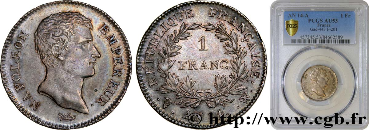 1 franc Napoléon Empereur, Calendrier révolutionnaire 1805 Lille F.201/39 AU53 PCGS