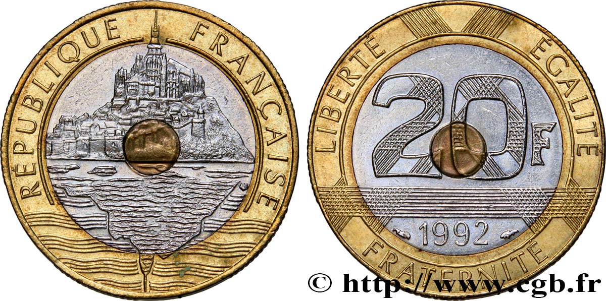 20 francs Mont Saint-Michel, 5 cannelures, \ / ouvert 1992 Pessac F.403/3 TTB50