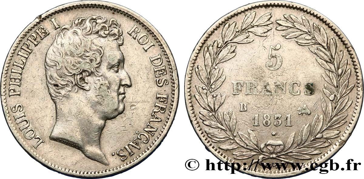 5 francs type Tiolier avec le I, tranche en creux 1831 Rouen F.315/15 MBC45 