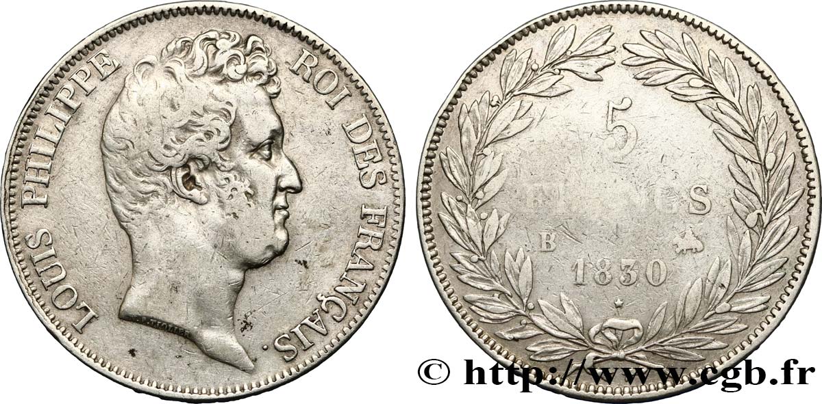 5 francs type Tiolier sans le I, tranche en creux 1830  Rouen F.313/2 S25 