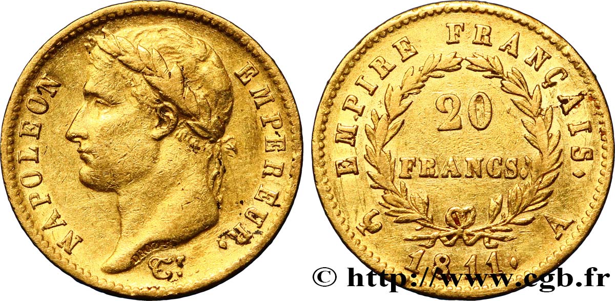 20 francs or Napoléon, tête laurée, Empire français 1811 Paris F.516/16 XF40 