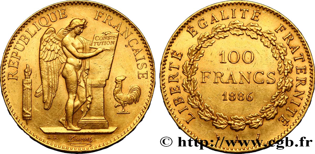 100 francs or Génie, tranche inscrite en relief Dieu protège la France 1886 Paris F.552/7 TTB52 