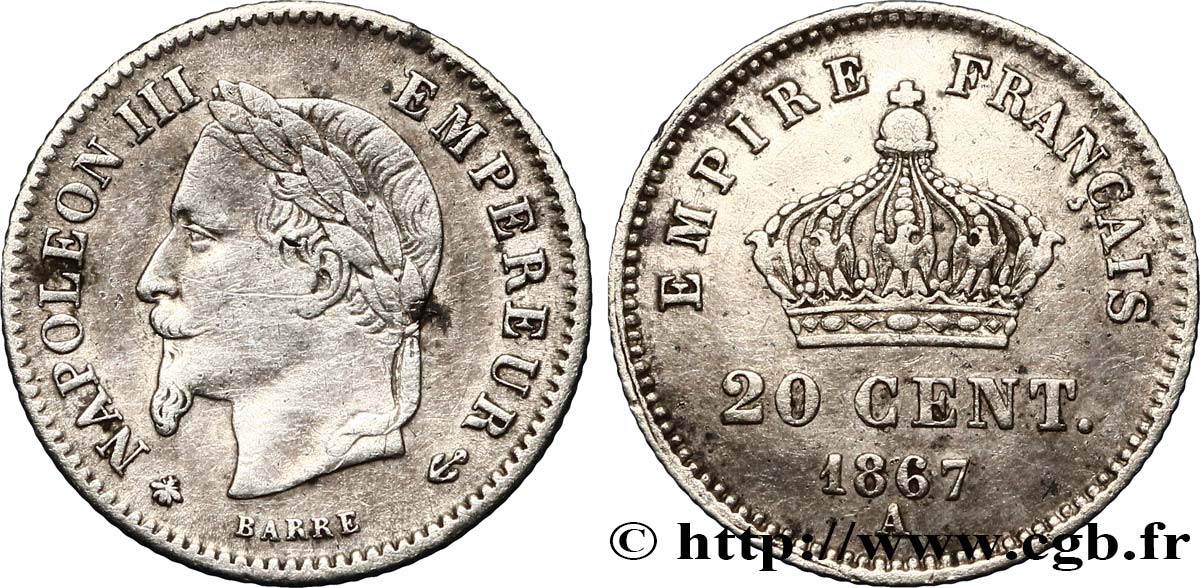 20 centimes Napoléon III, tête laurée, grand module 1867 Paris F.150/1 TB35