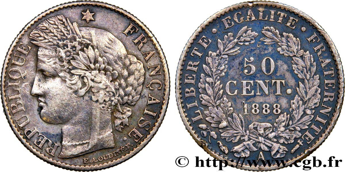 50 centimes Cérès, Troisième République 1888 Paris F.189/13 TB+ 