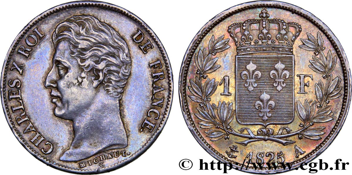 1 franc Charles X, matrice du revers à cinq feuilles 1825 Paris F.207/1 TTB52 