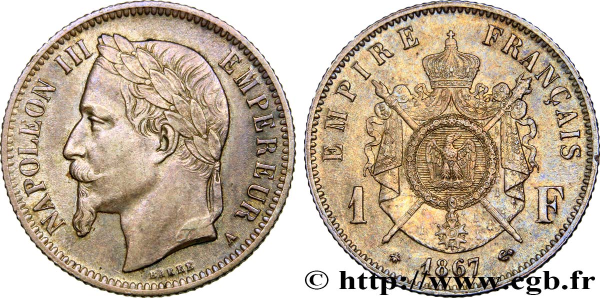 1 franc Napoléon III, tête laurée 1867 Paris F.215/6 XF48 