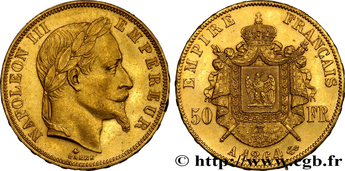 50 francs or Napoléon III, tête laurée 1864 Paris F.548/4 SPL58 