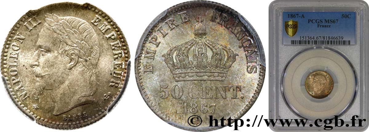 50 centimes Napoléon III, tête laurée 1867 Paris F.188/13 FDC67 PCGS