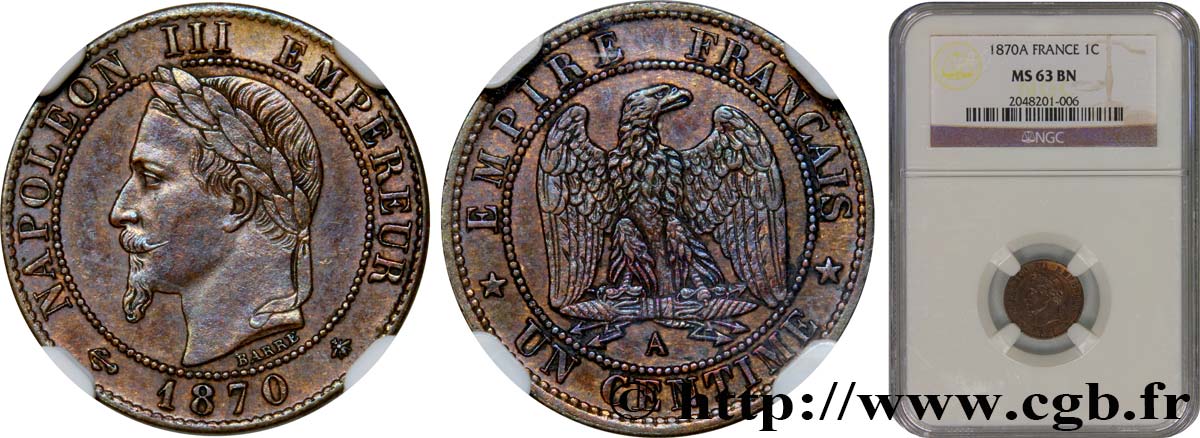 Un centime Napoléon III, tête laurée 1870 Paris F.103/8 SPL63 NGC