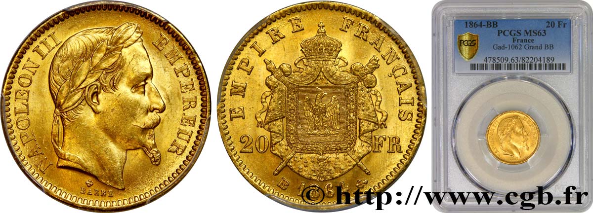 20 francs or Napoléon III, tête laurée 1864 Strasbourg F.532/10 fST63 PCGS