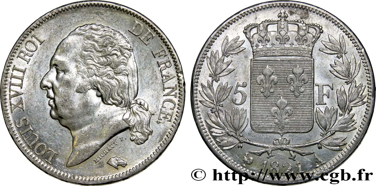 5 francs Louis XVIII, tête nue 1821 Paris F.309/60 AU52 