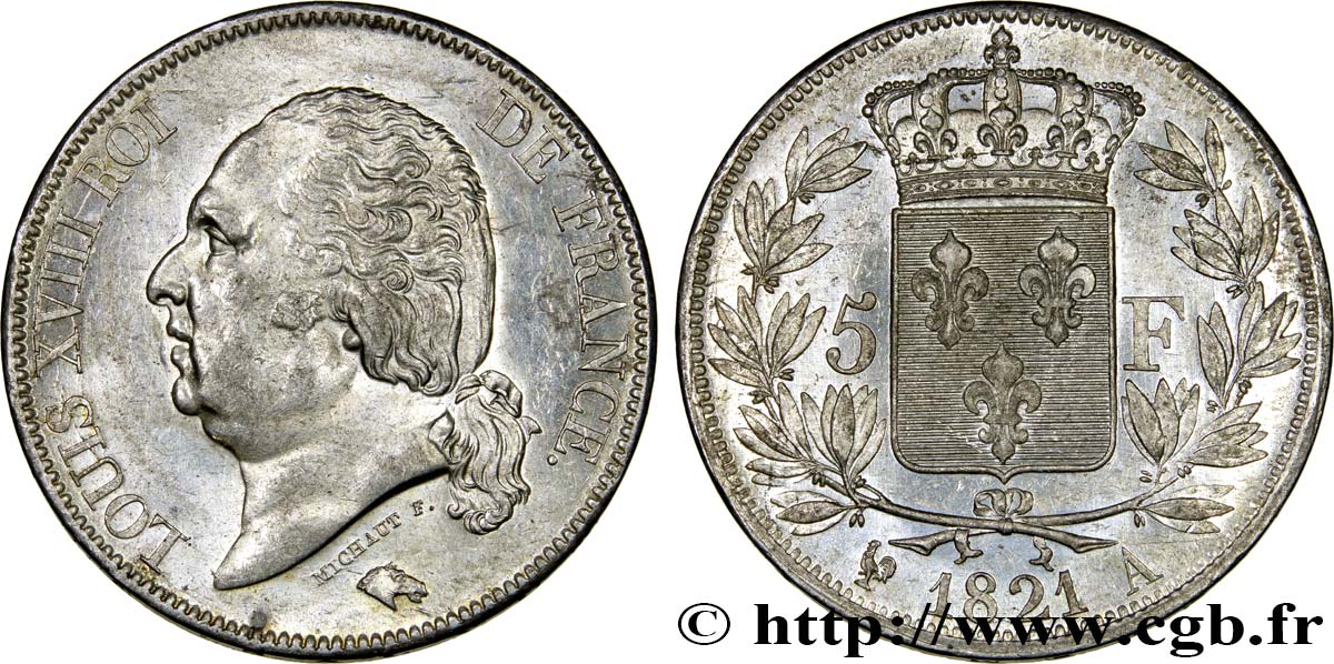 5 francs Louis XVIII, tête nue 1821 Paris F.309/60 SUP58 