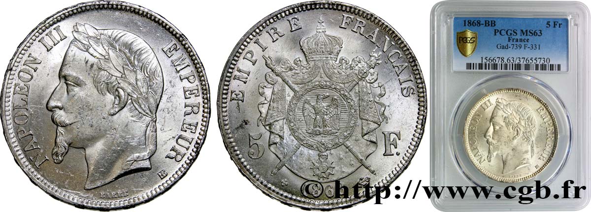 5 francs Napoléon III, tête laurée 1868 Strasbourg F.331/13 MS63 PCGS