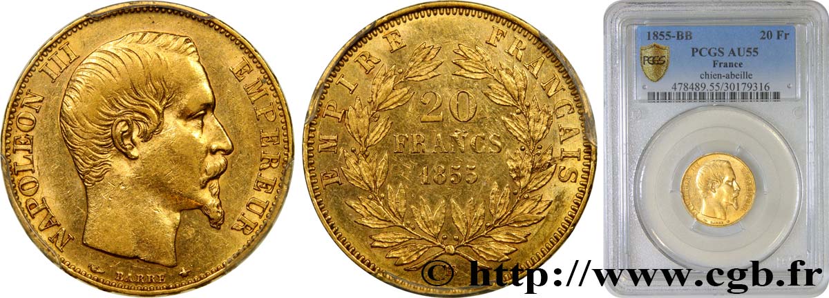 20 francs or Napoléon III, tête nue 1855 Strasbourg F.531/5 AU55 PCGS