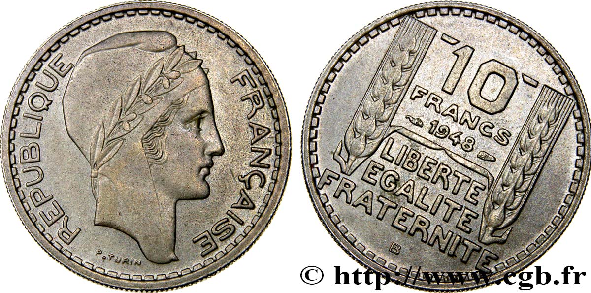 10 francs Turin, petite tête, Fautée Coins Tournés 1948 Beaumont-le-Roger F.362/4 AU58 