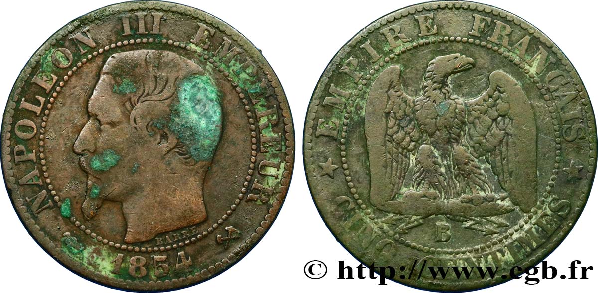 Cinq centimes Napoléon III, tête nue 1854 Rouen F.116/9 S20 