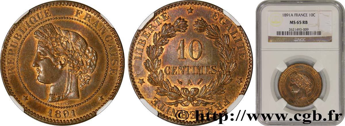 10 centimes Cérès 1891 Paris F.135/36 MS65 NGC