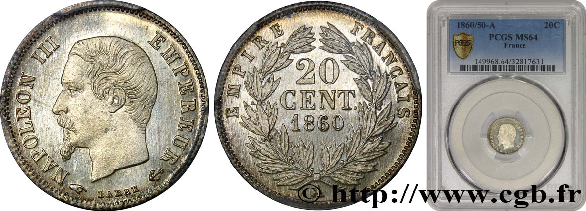 20 centimes Napoléon III, tête nue 1860 Paris F.148/13 SPL64 PCGS