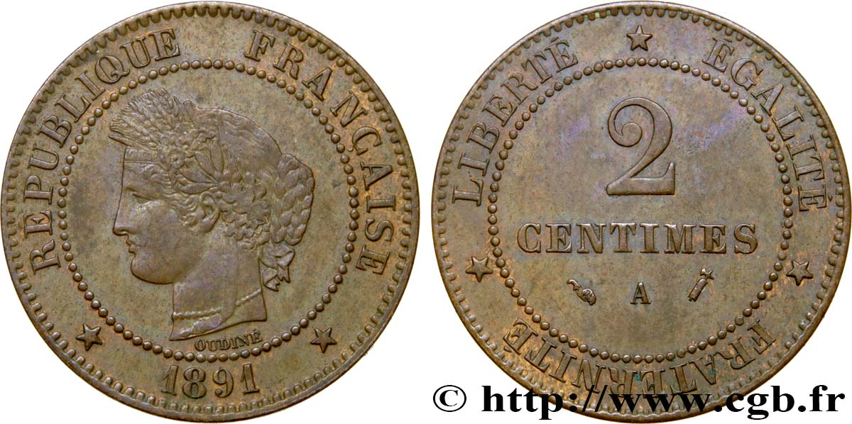 2 centimes Cérès 1891 Paris F.109/17 AU50 