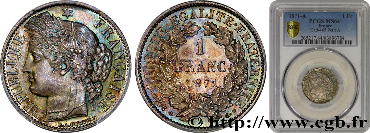 1 franc Cérès, IIIe République, petit A 1871 Paris F.216/2 SPL64 PCGS