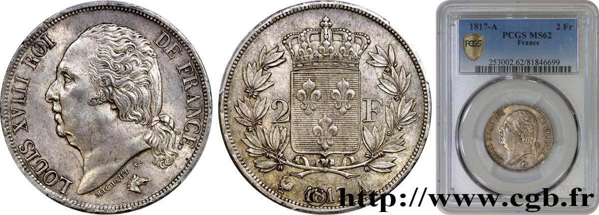2 francs Louis XVIII 1817 Paris F.257/8 MS62 PCGS