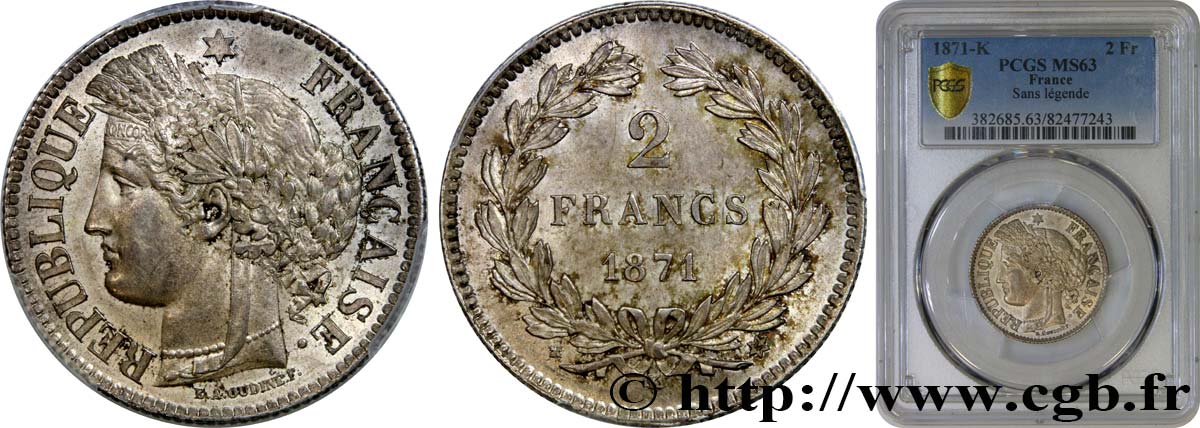 2 francs Cérès, sans légende 1871 Bordeaux F.264/4 SPL63 PCGS