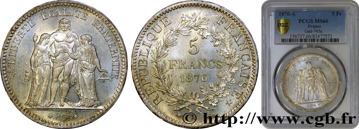 5 francs Hercule 1876 Paris F.334/17 MS66 PCGS
