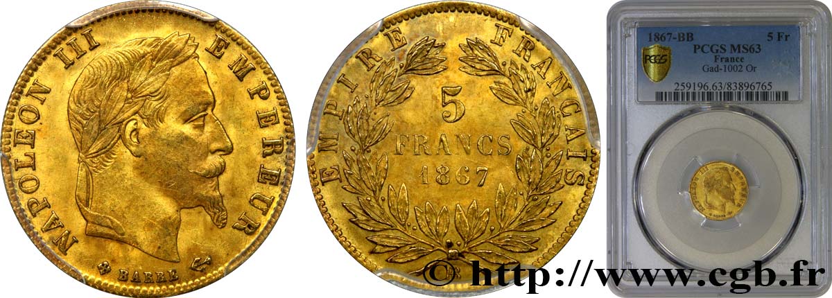 5 francs or Napoléon III, tête laurée 1867 Strasbourg F.502/12 SPL63 PCGS