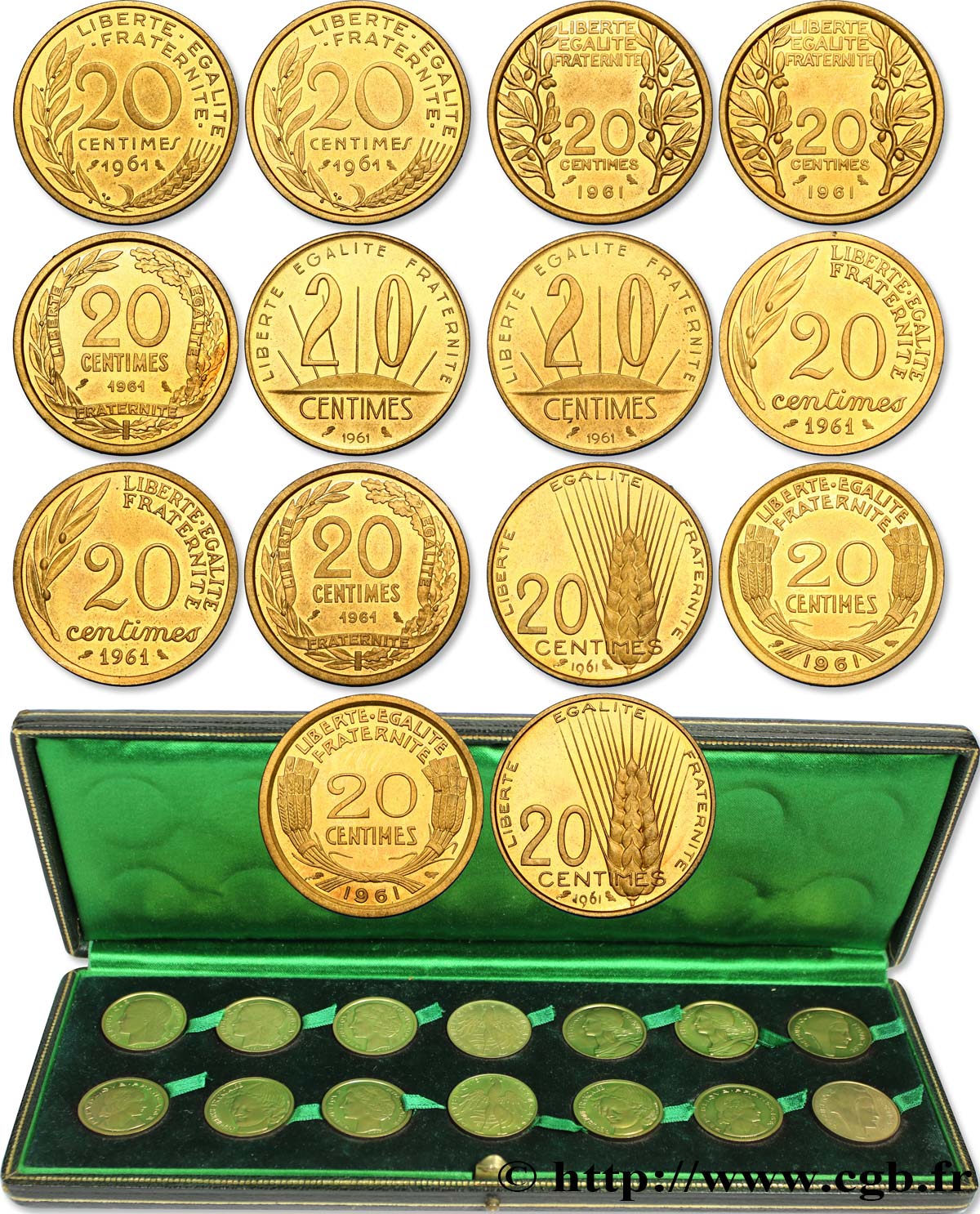 Boîte de présentation contenant deux séries des sept pré-séries de 20 centimes du concours monétaire SANS LE MOT ESSAI 1961 Paris GEM.55 15 MS 