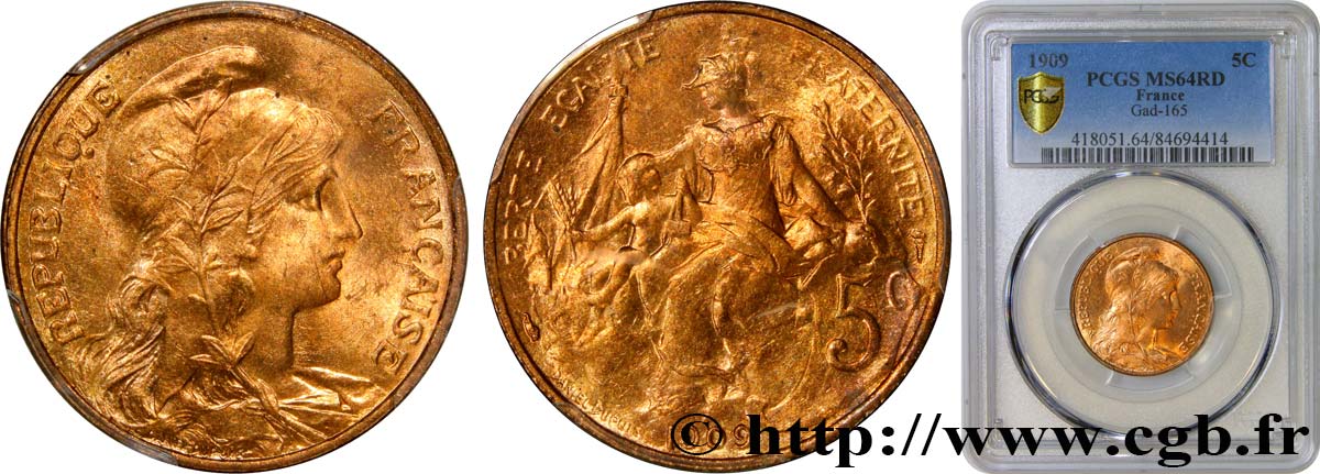 5 centimes Daniel-Dupuis 1909  F.119/20 fST64 PCGS