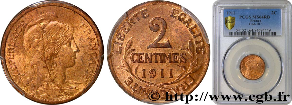 2 centimes Daniel-Dupuis 1911 Paris F.110/14 SC64 PCGS